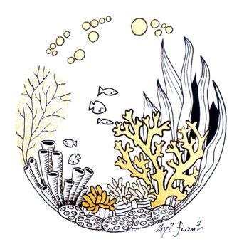 Drawing titled "Mer tropicale" by Sylvie Fiant, Original Artwork, Ink