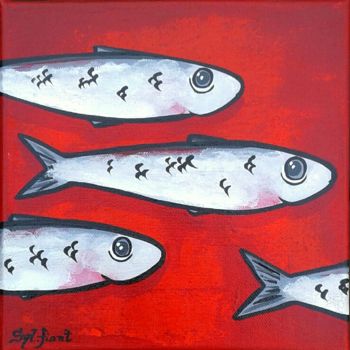 Painting titled "Sardines. Fond roug…" by Sylvie Fiant, Original Artwork, Acrylic