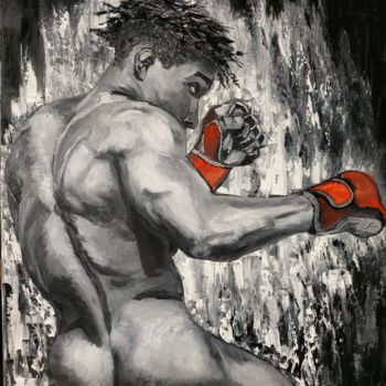 Painting titled "Boxeur aux gants ro…" by Sylvie Lescan, Original Artwork, Oil Mounted on Wood Stretcher frame