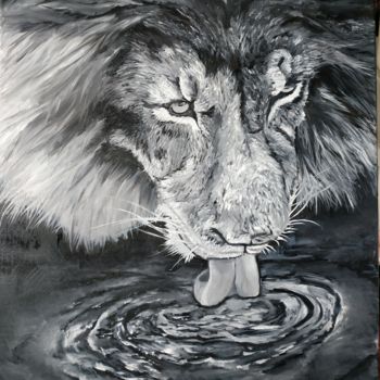 Malerei mit dem Titel "Le lion au bord de…" von Sylvie Lescan, Original-Kunstwerk, Öl Auf Keilrahmen aus Holz montiert