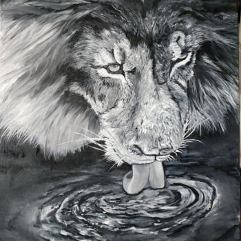 Painting titled "Le lion au bord de…" by Sylvie Lescan, Original Artwork, Oil Mounted on Wood Stretcher frame