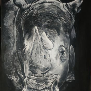 Painting titled "Rhinocéros" by Sylvie Lescan, Original Artwork, Oil Mounted on Wood Stretcher frame
