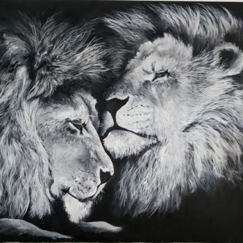 Peinture intitulée "Les frères lion" par Sylvie Lescan, Œuvre d'art originale, Huile Monté sur Châssis en bois