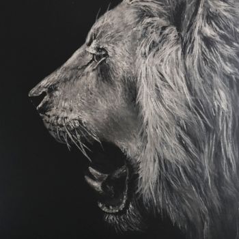 Painting titled "Quand le lion parle" by Sylvie Lescan, Original Artwork, Acrylic Mounted on Cardboard
