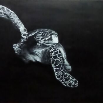 Painting titled "Tortue marine" by Sylvie Lescan, Original Artwork, Acrylic Mounted on Wood Stretcher frame