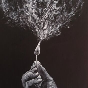Malarstwo zatytułowany „La flamme Dragon” autorstwa Sylvie Lescan, Oryginalna praca, Akryl Zamontowany na Drewniana rama nos…