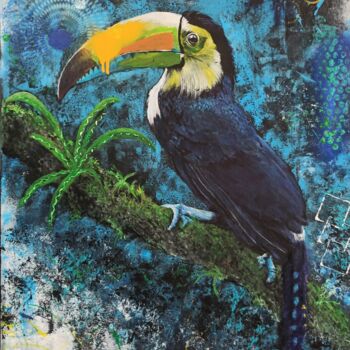 Painting titled "Toucan" by Sylvie Lescan, Original Artwork, Acrylic Mounted on Wood Stretcher frame