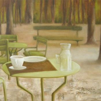 Painting titled "Une pause" by Sylvie Pioli, Original Artwork, Oil Mounted on Wood Stretcher frame