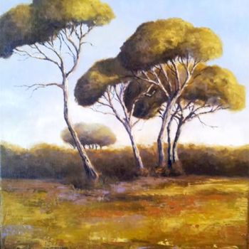 Painting titled "Les pins parasols" by Sylvie Pioli, Original Artwork, Oil Mounted on Wood Stretcher frame