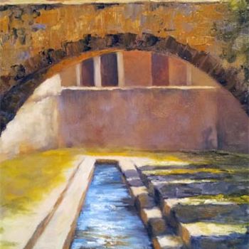 Painting titled "Le pont de Roquevai…" by Sylvie Pioli, Original Artwork, Oil Mounted on Wood Stretcher frame