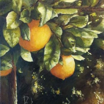 Painting titled "Les oranges" by Sylvie Pioli, Original Artwork, Oil Mounted on Wood Stretcher frame