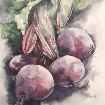 Painting titled "Betteraves" by Sylvie Pioli, Original Artwork, Watercolor