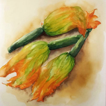 Pintura titulada "Fleurs de courgettes" por Sylvie Pioli, Obra de arte original, Acuarela