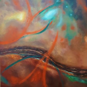 Painting titled "Entre terre et cosm…" by Sylvie Tricard, Original Artwork, Oil Mounted on Wood Stretcher frame