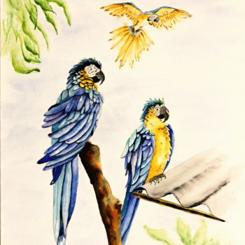 Painting titled "Perroquets" by Sylvy Aquarelles, Original Artwork, Watercolor