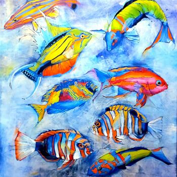 "Fluo fish" başlıklı Tablo Sylwia Wenska tarafından, Orijinal sanat, Akrilik Ahşap Sedye çerçevesi üzerine monte edilmiş