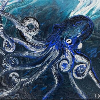 Painting titled "Blue Octopus" by Fabien Dessoly (Symbolic Art BZH), Original Artwork, Acrylic Mounted on Wood Stretcher fra…