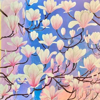 Malerei mit dem Titel "Magnolias sur fond…" von Syncope Mars, Original-Kunstwerk, Öl