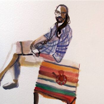 Pintura intitulada "He is drinking tea…" por Szabrina Maharita, Obras de arte originais, Aquarela