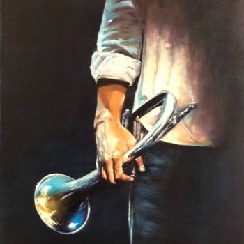 Pintura intitulada "Trumpeter" por Éva Szakácsi, Obras de arte originais, Óleo Montado em Painel de madeira
