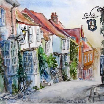 Painting titled "Old town Rye" by Zsolt Székelyhidi, Original Artwork, Watercolor Mounted on Cardboard