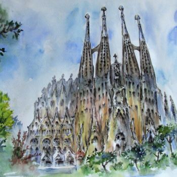 Schilderij getiteld "Sagrada Familia" door Zsolt Székelyhidi, Origineel Kunstwerk, Aquarel