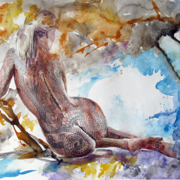 Painting titled "Tattooed beauty" by Zsolt Székelyhidi, Original Artwork, Watercolor