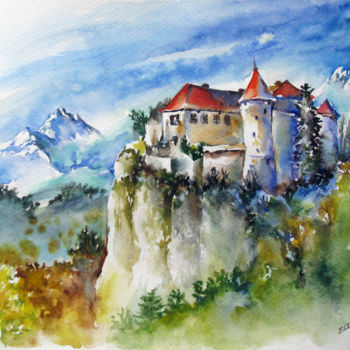 Peinture intitulée "Bled castle - Slove…" par Zsolt Székelyhidi, Œuvre d'art originale, Aquarelle