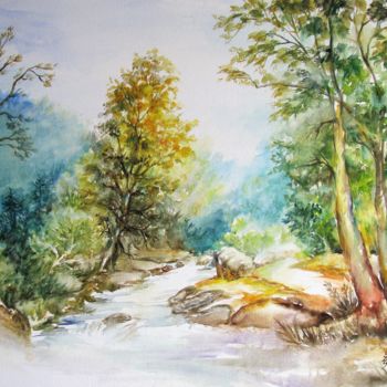 Peinture intitulée "Forest stream No.3" par Zsolt Székelyhidi, Œuvre d'art originale, Aquarelle