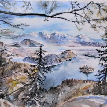 Pintura intitulada "Bled castle in wint…" por Zsolt Székelyhidi, Obras de arte originais, Aquarela