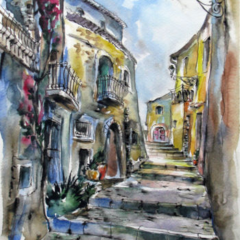 Painting titled "Walk around old tow…" by Zsolt Székelyhidi, Original Artwork, Watercolor