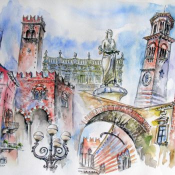 Картина под названием "Verona - the city o…" - Zsolt Székelyhidi, Подлинное произведение искусства, Акварель