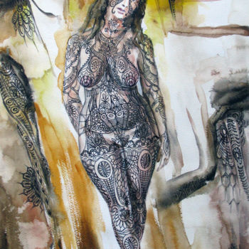 Painting titled "Tattooed woman" by Zsolt Székelyhidi, Original Artwork, Watercolor