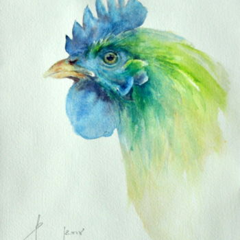 Painting titled "ALIEN . GREEN ROSTE…" by Beata Van Wijngaarden, Original Artwork, Watercolor