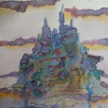 Painting titled "flying island" by Tb, Original Artwork, Watercolor