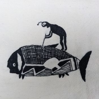 Textile Art titled "Man fishing-What ar…" by Tudorita Gherase, Original Artwork, Embroidery Mounted on Cardboard