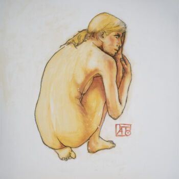 Pintura titulada "nu accroupi" por Tato, Obra de arte original, Pigmentos