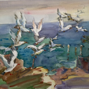 Schilderij getiteld "Sea ​​and seagulls" door Ta Ana Romanenko, Origineel Kunstwerk, Aquarel