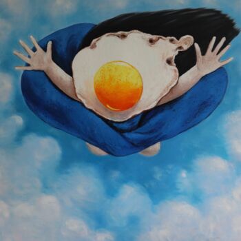 Painting titled "Egg Girl Flying High" by Ta Byrne, Original Artwork, Oil