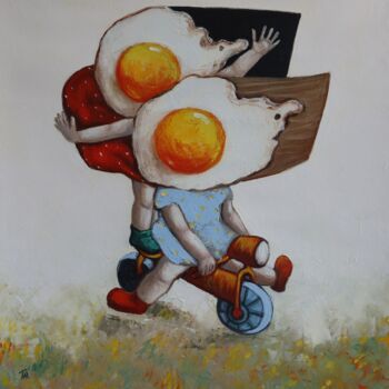 Pittura intitolato "Egg Girls on a bicy…" da Ta Byrne, Opera d'arte originale, Olio