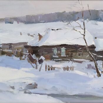 Картина под названием "Зимняя деревня" - Таалайбек Мусурманкулов, Подлинное произведение искусства, Масло Установлен на Дере…