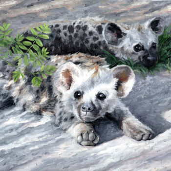 Schilderij getiteld "hyenas basking in t…" door Tabimory, Origineel Kunstwerk, Olie