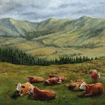 Painting titled "cows resting in the…" by Tabimory, Original Artwork, Oil