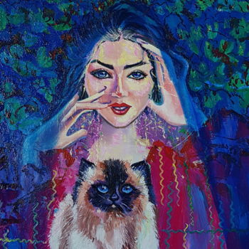 Картина под названием "Femme et chat" - Tahira Quliyeva, Подлинное произведение искусства, Масло