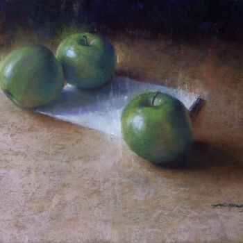 Malerei mit dem Titel "Three Green Apples" von Taimeng Lim, Original-Kunstwerk, Pastell