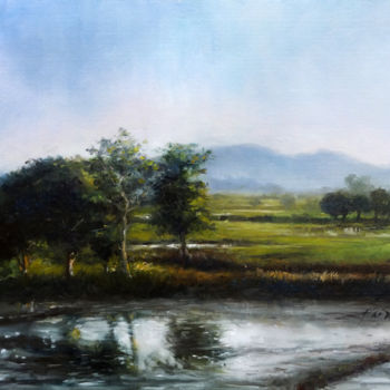 Painting titled "Peaceful Reflection" by Taimeng Lim, Original Artwork, Oil
