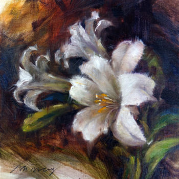 Painting titled "White Lilies" by Taimeng Lim, Original Artwork, Oil