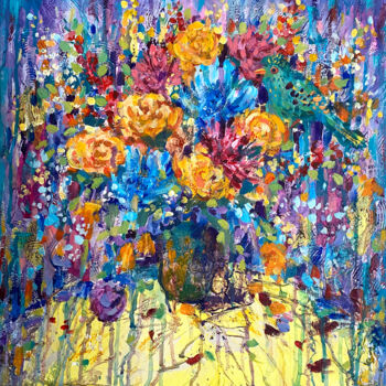 Painting titled "Bouquet de roses ja…" by Taisiia Gruzdeva, Original Artwork, Acrylic Mounted on Wood Stretcher frame