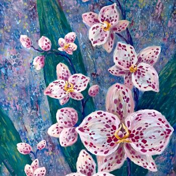 Painting titled "White orchids" by Taisiia Gruzdeva, Original Artwork, Acrylic Mounted on Wood Stretcher frame