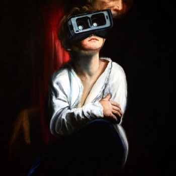 Картина под названием "The boy with stereo…" - Vlad Takhtau, Подлинное произведение искусства, Масло Установлен на Деревянна…